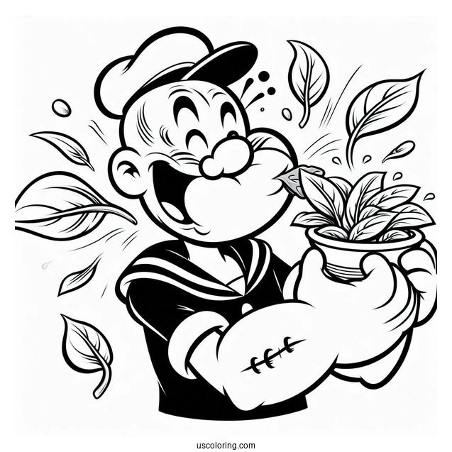 Popeye Coloring Page Catching Spinach With His Mouth