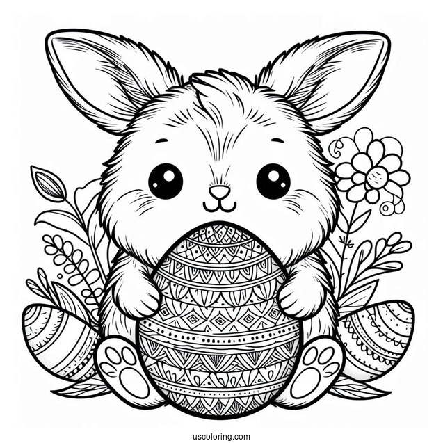 Furry Bunny Holding An Easter Coloring Page Of Egg With Mandala Pattern