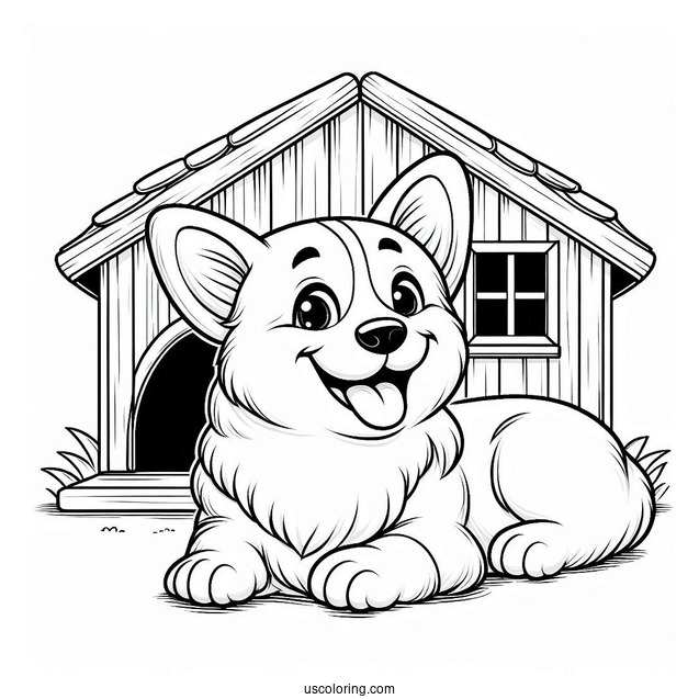Smiling Corgi Coloring Page Lying Outside Dog House
