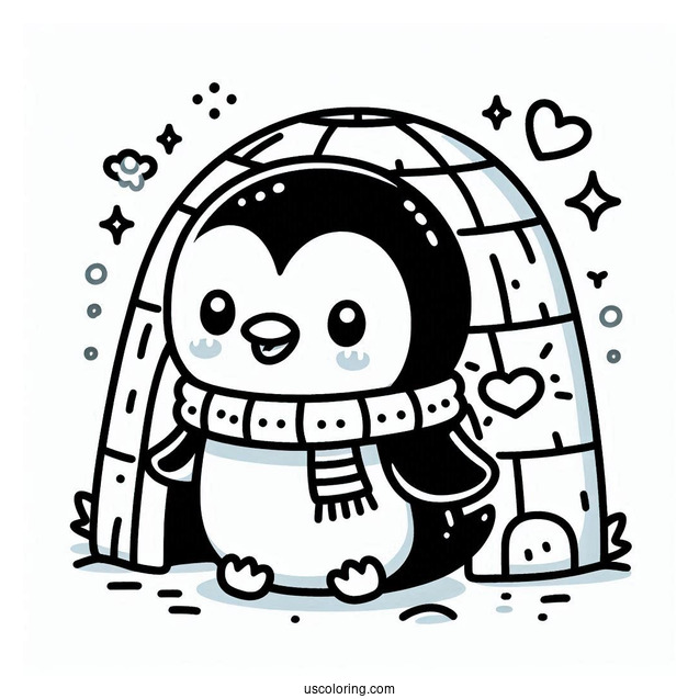 Cute Penguin With Igloo Coloring Sheet