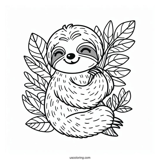 Happy Sloth Sitting On Leaves