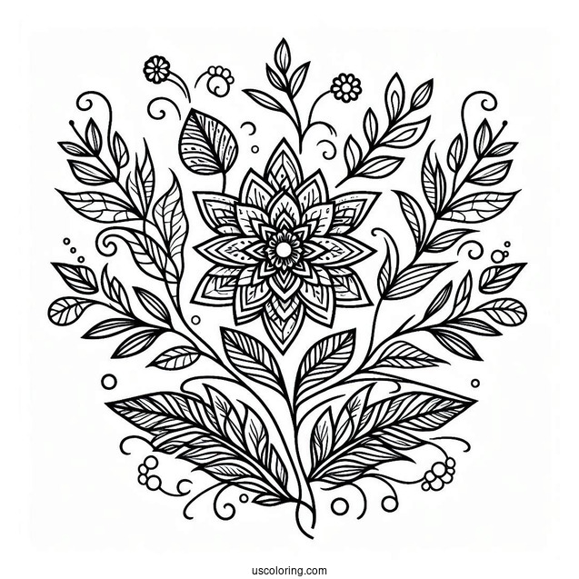 Complex Flower And Leaves Pattern Coloring Page