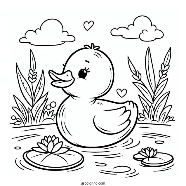 Peaceful Duck on Lily Pad in Pond Coloring Sheet For Preschoolers