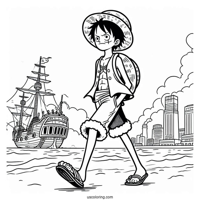One Piece Coloring Page Of Simple Luffy Walking On Port For Kids