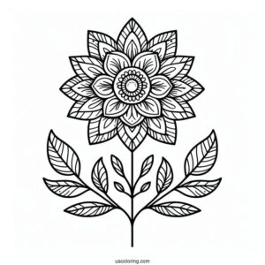 Flower Mandala Coloring Page With Stem And Leaves