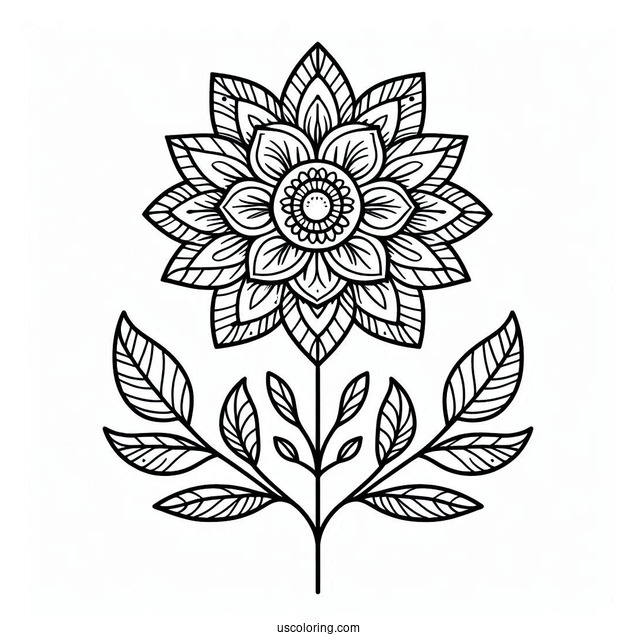 Flower Mandala Coloring Page With Stem And Leaves