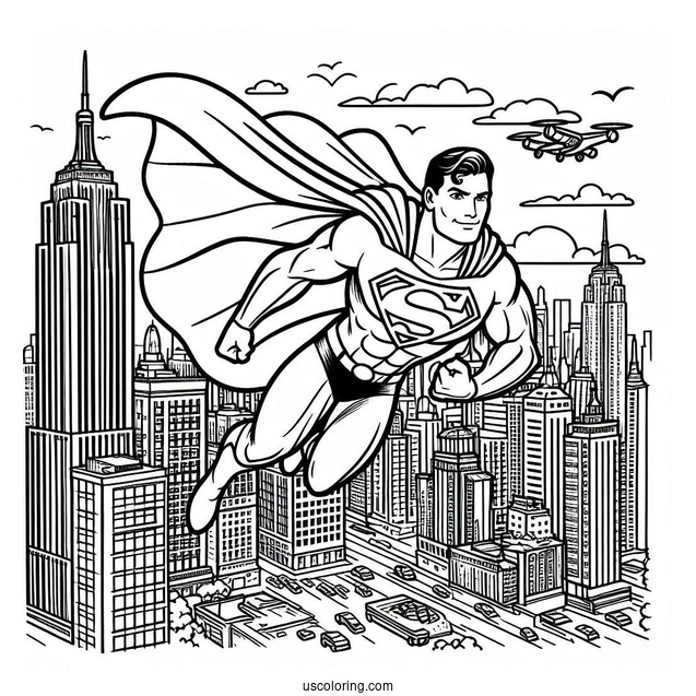 Superman Flying Over Buildings Coloring