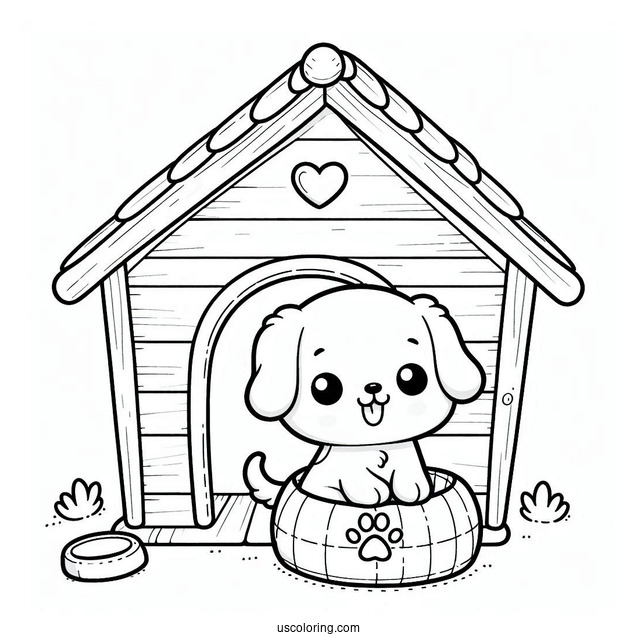 Kawaii Puppy In Dog House Coloring In For Preschoolers