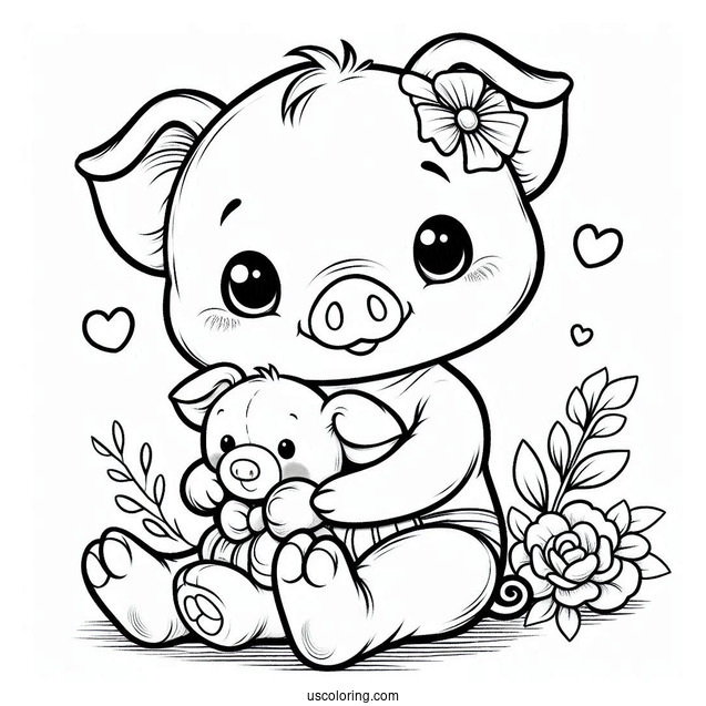 Baby Piglet Coloring Page Holding A Teddy Bear For Preschoolers