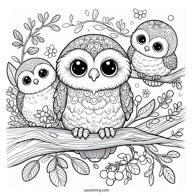 Cute Coloring Page Realistic Owls Perched On A Tree Branch