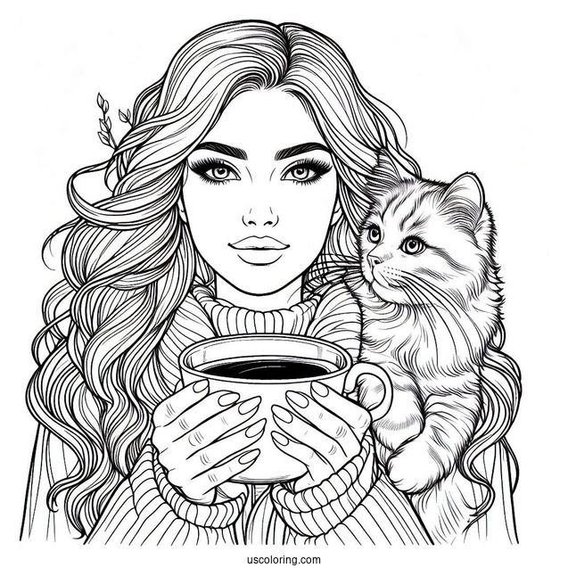 Woman Holding Cup Of Coffee Coloring Pages And Cat