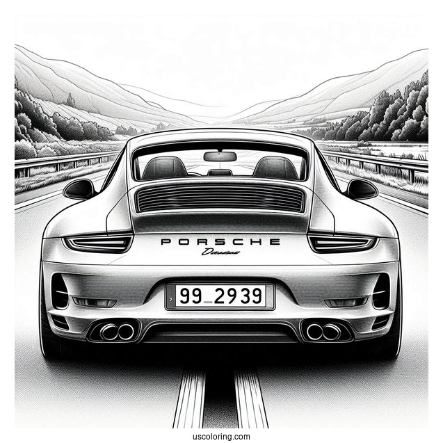 Realistic Back View Of Porsche Coloring Page On The Road