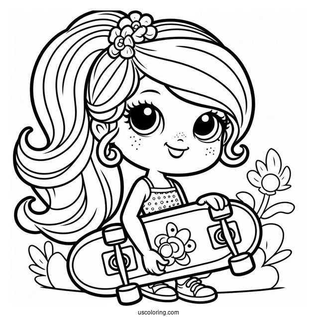 Easy Polly Pocket Coloring Page Holding Skateboard