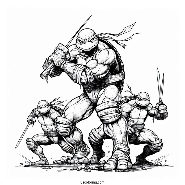 Ninja Turtles Coloring Page Of Leonardo, Donatello, Michelangelo, And Raphael In Fighting Mode