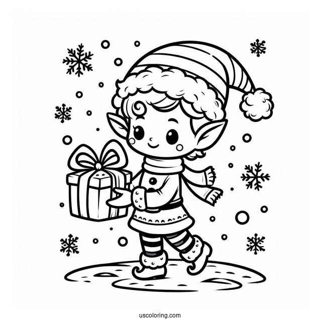 Elf Holding Present Walking In The Snow
