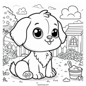 Coloring Sheet Of Cartoon Puppy In Backyard