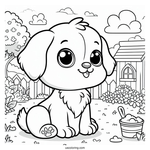 Coloring Sheet Of Cartoon Puppy In Backyard