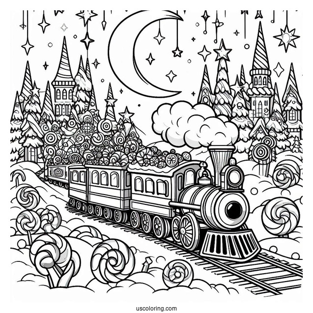 North Pole Coloring Page Express Train Going Through Candyland