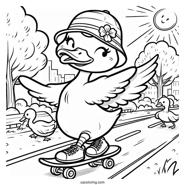 Duck Skateboarding Down the Street Coloring Page For Kids