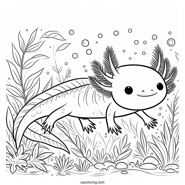 Cheerful Axolotl Coloring Page Swimming Through Weeds