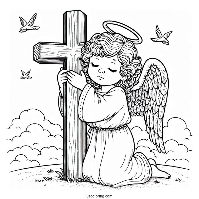 Adorable Angel Hugging A Cross In The Sky Coloring Sheet For Kids
