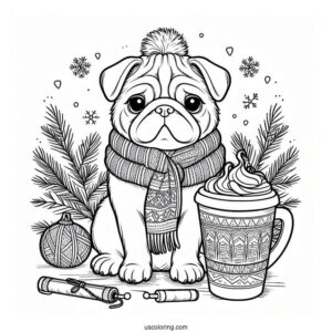 Winter Pug with Latte and Scarf Coloring Page