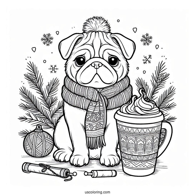 Winter Pug with Latte and Scarf Coloring Page