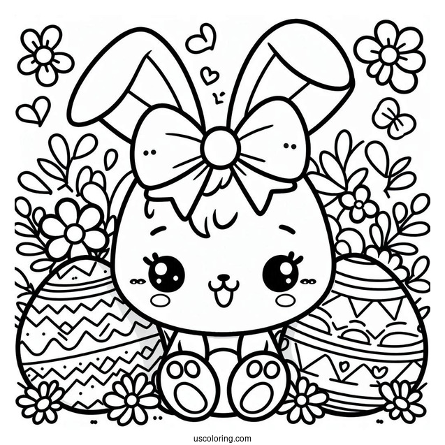 Easter Coloring Page Of Easy Kawaii Easter Bunny With Bow For Preschoolers