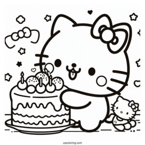 Pompompurin Eating Cake With Hello Kitty Coloring Sheet