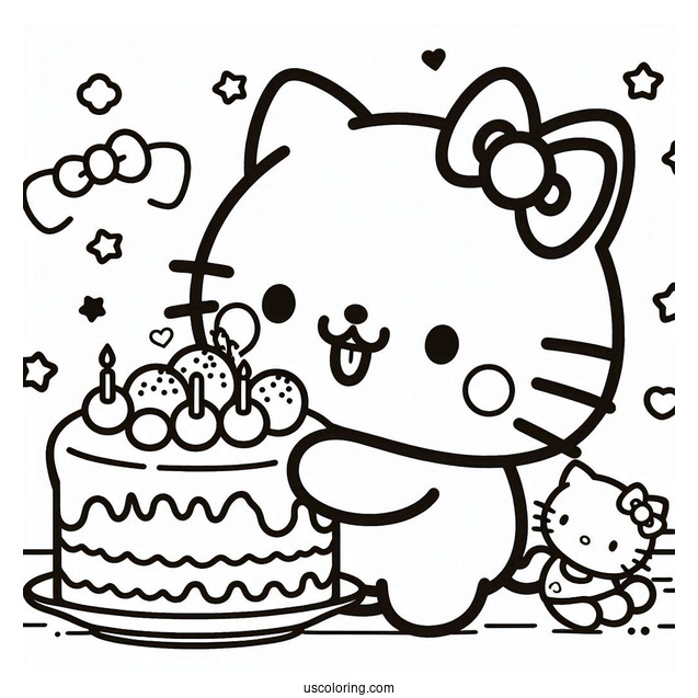 Pompompurin Eating Cake With Hello Kitty Coloring Sheet