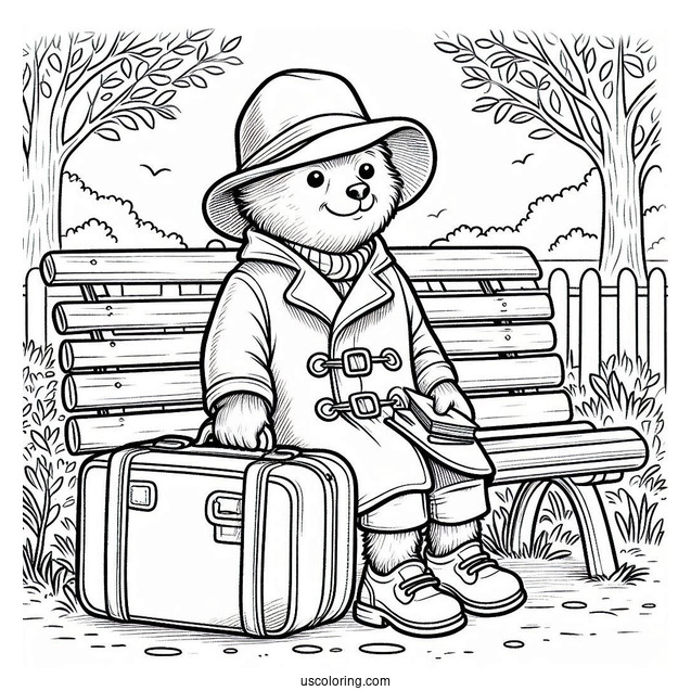 Simple Paddington Coloring Page Sitting On His Suitcase In The Park For Preschoolers