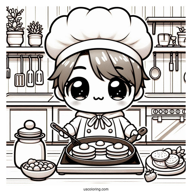 Energetic Chibi Coloring Page Chef Flipping Pancakes in a Cozy Kitchen