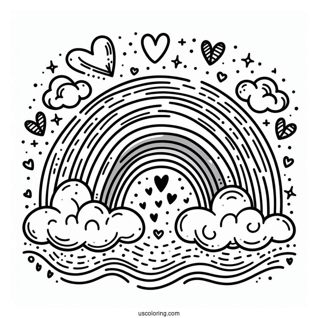 Rainbow Coloring Page With Love Heart Clouds