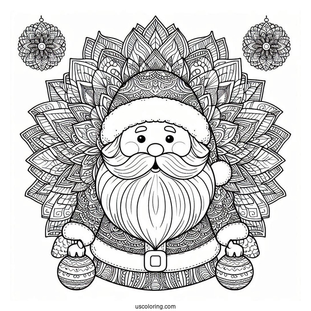 Santa Claus In Front Of A Beautiful Flower Christmas Mandala Coloring Page