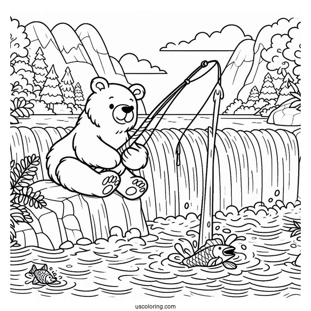 Simple Bear Coloring Page Catching Fish In Waterfalls