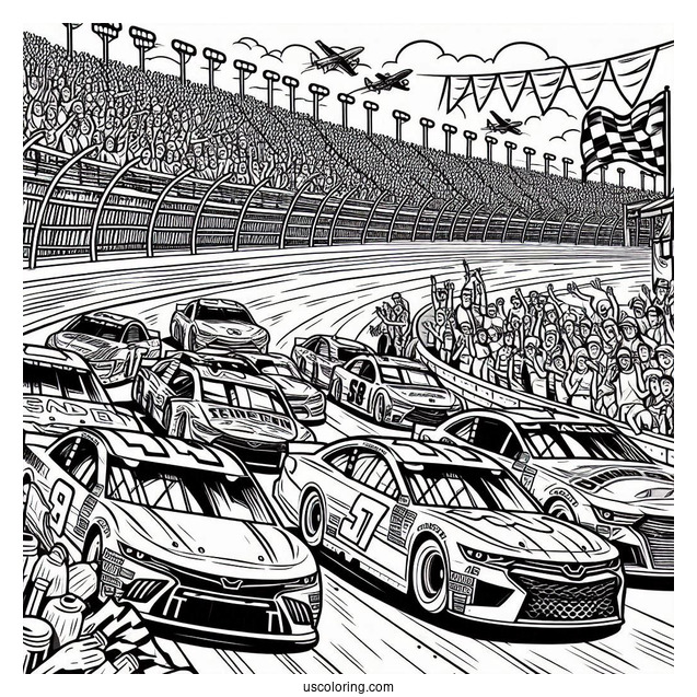 NASCAR Coloring Page Race Cars On Track With Crowd In Background