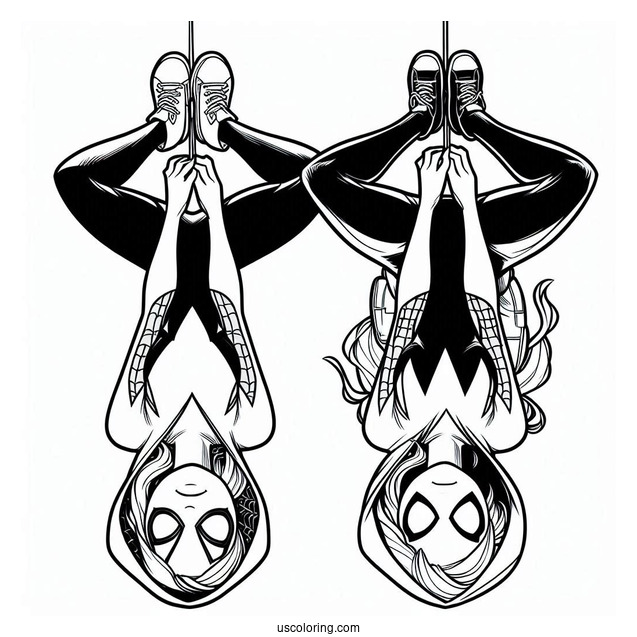 Spider-Gwen Coloring Page Hanging Upside Down Next To Spider Man