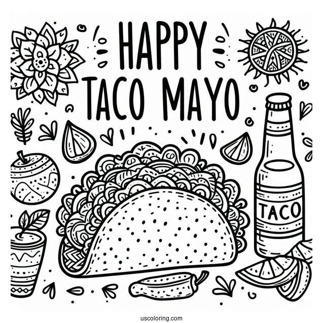 Taco With Happy Cinco De Mayo Greeting Coloring Sheet