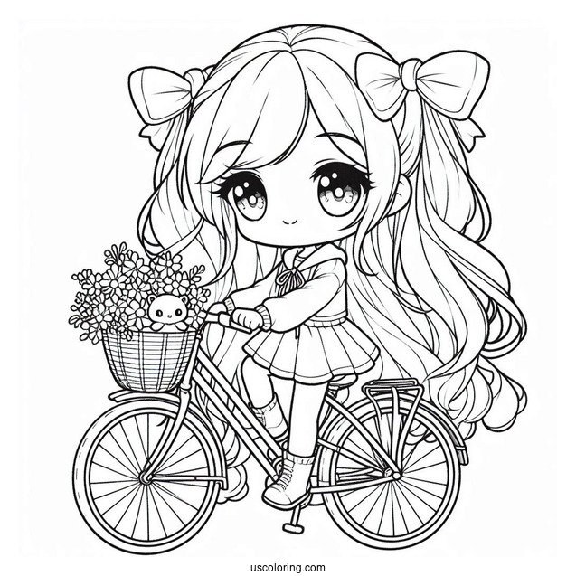 Chibi Girl On A Bicycle Coloring Page For Preschoolers