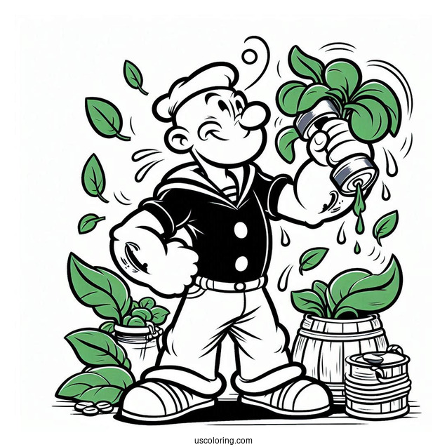 Easy Popeye Coloring Page Lifting Dumbbell While Holding Spinach For Kids