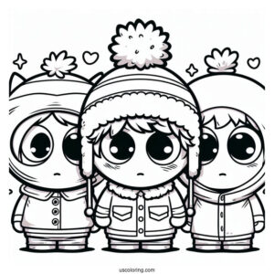 South Park Coloring Page Of Kawaii Kenny, Kyle, Eric, And Stan For Kids