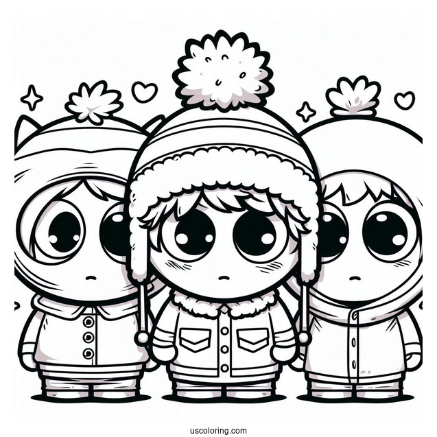 South Park Coloring Page Of Kawaii Kenny, Kyle, Eric, And Stan For Kids