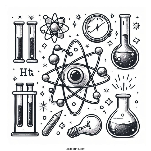 Science Coloring Page Of Elements Atom, Magnet, Test Tubes, Beaker, Light Bulb, And Magnifying Glass