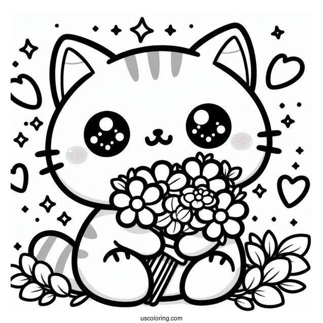 Kawaii Cat Holding A Flower Bouquet Coloring Sheet