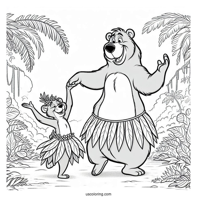Jungle Book Coloring Page Of Baloo In Leaf Skirt Dancing With King Louie