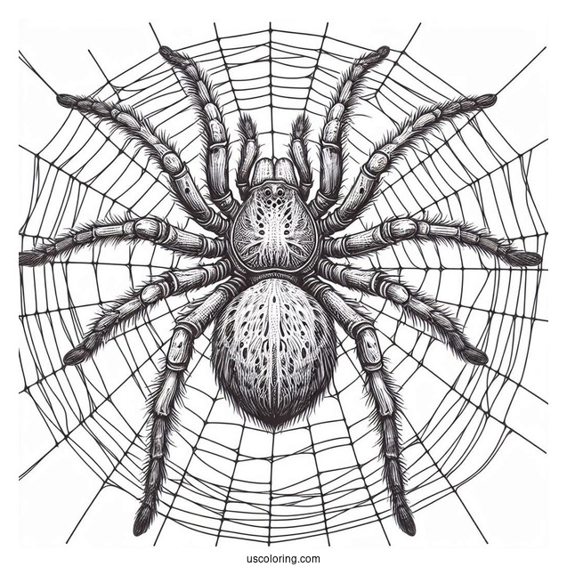 Detailed Huntsman Spider On Web To Color