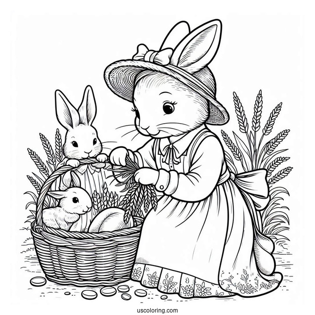 Mrs. Rabbit Harvesting With Peter Rabbit Coloring Page