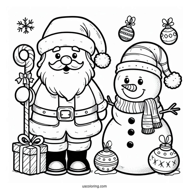 Santa And Snowman To Color With Ornaments And Presents