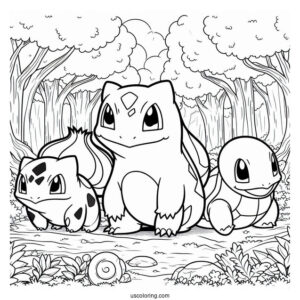 Bulbasaur Coloring Page With Charmander And Squirtle In Forest