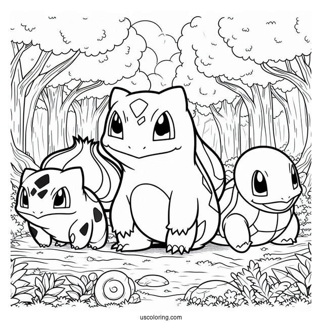 Bulbasaur Coloring Page With Charmander And Squirtle In Forest